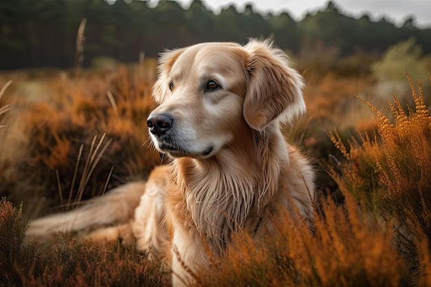 Piękny golden retriever po środku wrzosowiska w Gelderland Holland