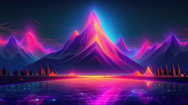 Piękny górski i rzeczny krajobraz scifi z neonowym światłem dzięki technologii Generative AI