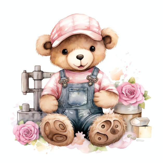 piękny hydraulik Teddy niebieski miś akwarela ilustracja clipart