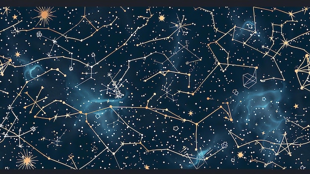 Zdjęcie piękny i unikalny, inspirowany niebem, bezszelestny wzór z skomplikowanymi konstelacjami, gwiazdami i mgławicami na hipnotyzującym nocnym niebie.