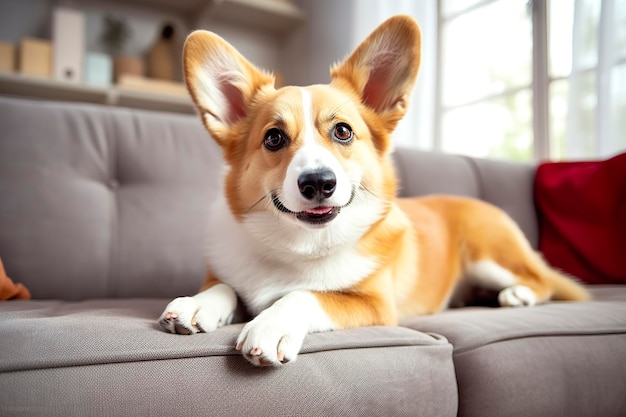 Piękny, inteligentny, spokojny rasowy pies corgi leżący na kanapie w salonie Generative AI