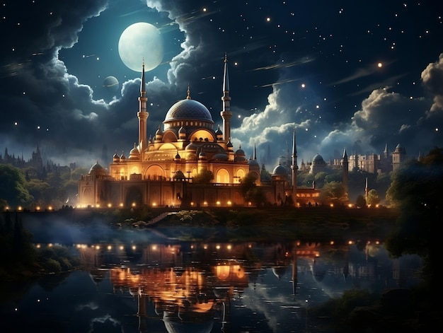 Piękny islamski meczet z nocnym księżycowym niebem i fototapetą w chmurze