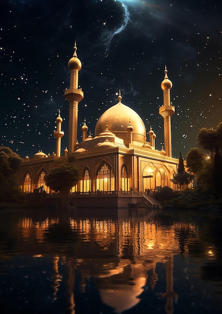 Piękny islamski meczet z rozgwieżdżonym nocnym niebem