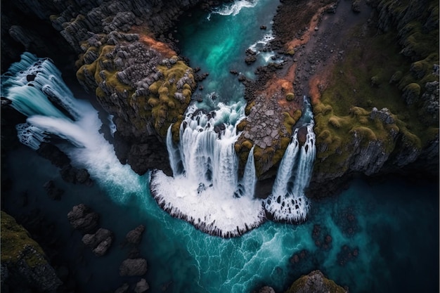 Piękny islandzki wodospad Drone Aerial Photo Generative AI