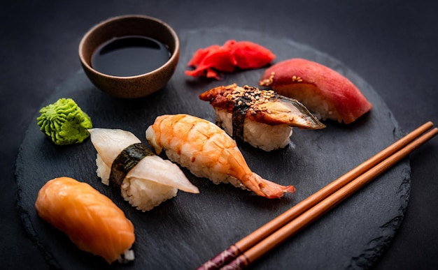 Piękny japoński zestaw sushi sashimi z krewetkami imbirem i sosem sojowym podawany z pałeczkami i gr...