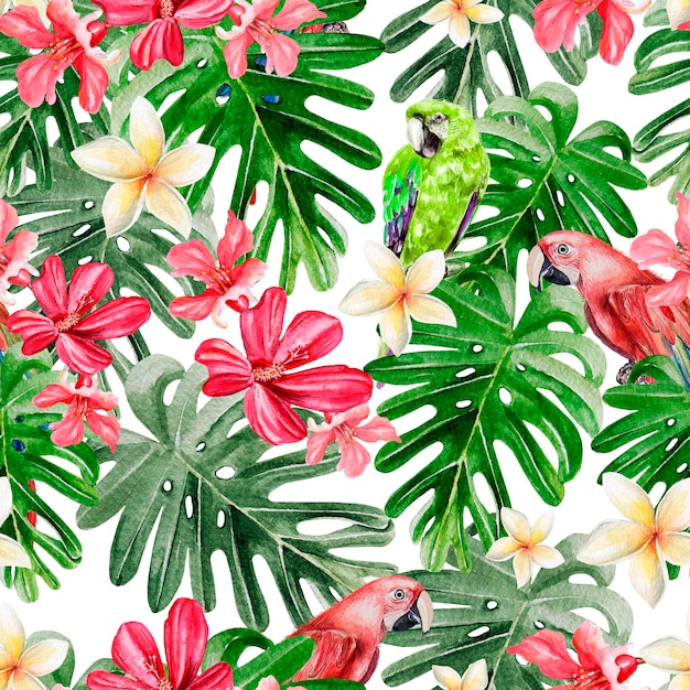 Piękny jasny akwarelowy wzór z tropikalnymi liśćmi i kwiatami Plumeria