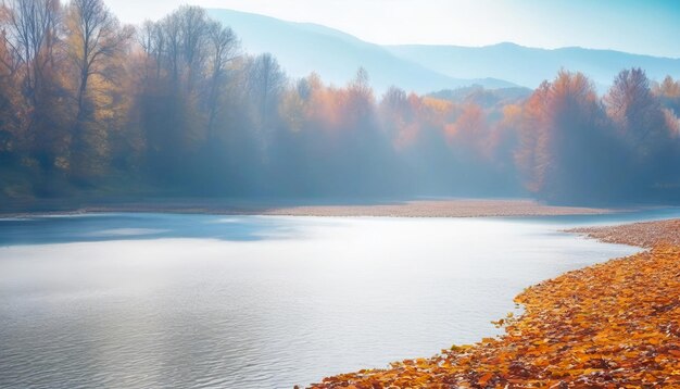 Piękny, jasny, kolorowy jesienny krajobraz z dywanem żółtych liści w parku naturalnym jesienią