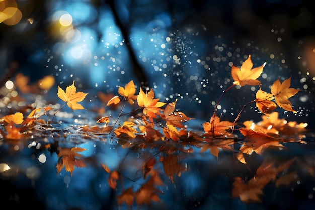 Piękny jesienny baner Liście klonu na ciemnoniebieskim tle