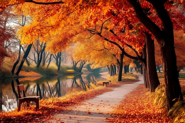Piękny jesienny krajobraz z drzewami i kolorowymi liśćmi w parku i jesiennym tle