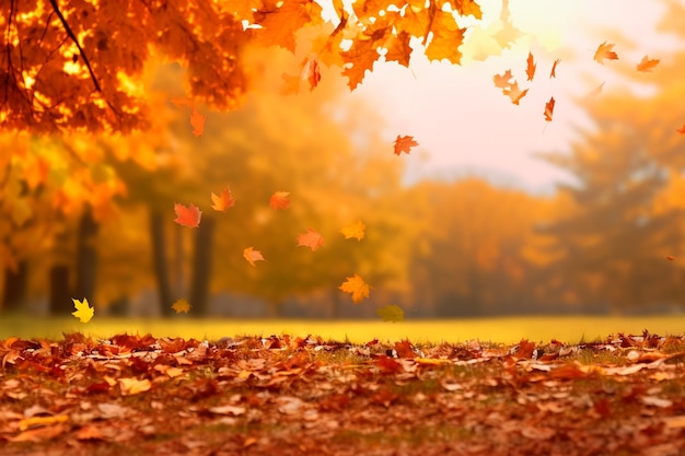 Piękny jesienny krajobraz z kolorowymi liśćmi w parku Spadające liście naturalnego tła