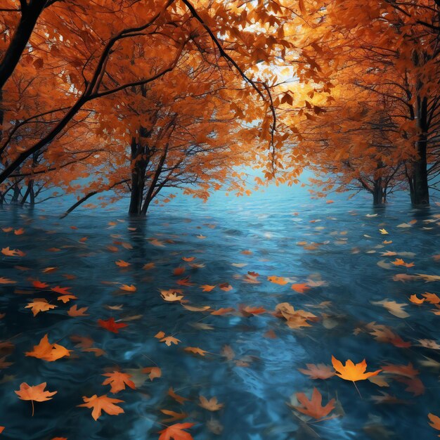 Piękny jesienny krajobraz z opadającymi liśćmi w lesie