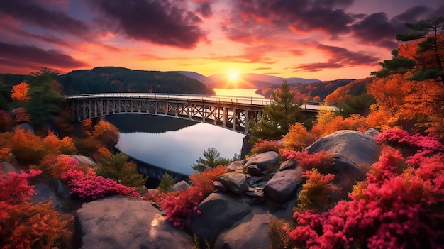 Piękny jesienny krajobraz Zadziwiający zachód słońca z kolorami