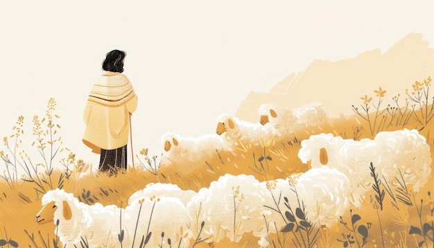 Piękny Jezus Pasterz z owcami na tle Ilustrowany niesamowity krajobraz Scena biblijna