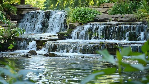 Piękny kaskadowy wodospad w bujnie zielonym otoczeniu Woda przewraca się nad skałami tworząc spokojną i relaksującą scenę