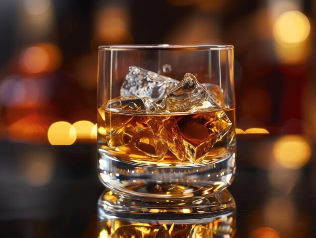 Piękny kieliszek z whisky i lodem AI generatywny