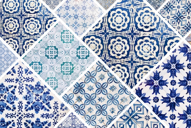 Piękny kolaż różnych tradycyjnych portugalskich płytek zwanych azulejos
