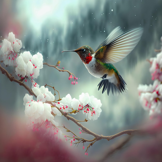 Piękny koliber unoszący się nad gałęzią delikatnego mglistego powietrza biały czerwony kwiat wiśni