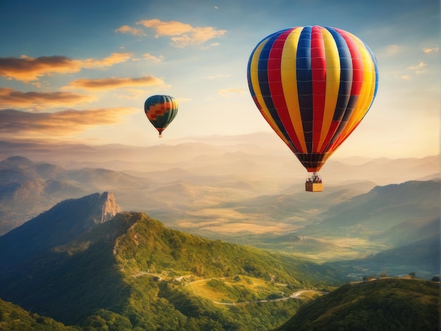 Piękny kolorowy balon powietrza gorącego latający nad górą