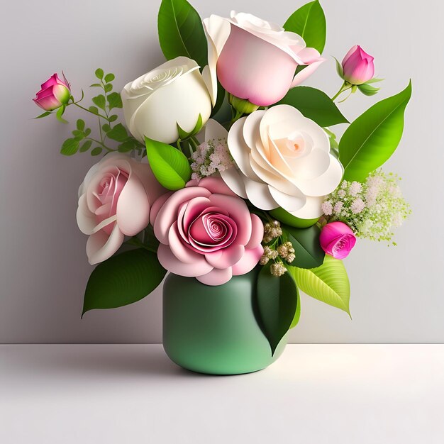 Piękny kolorowy bukiet ślubny tło białe różowe zielone kwiaty róże zieleń gałązka w s