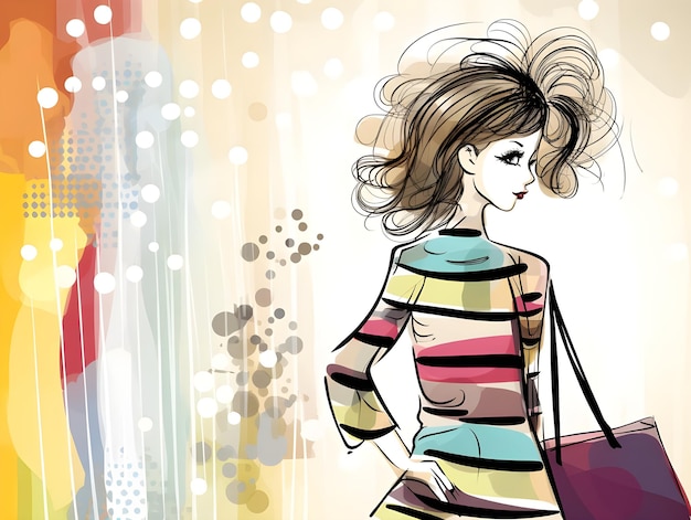 Zdjęcie piękny kolorowy cyfrowy projekt sztuki damy niosącej torby na zakupy w ilustracji sztuki linii doodle