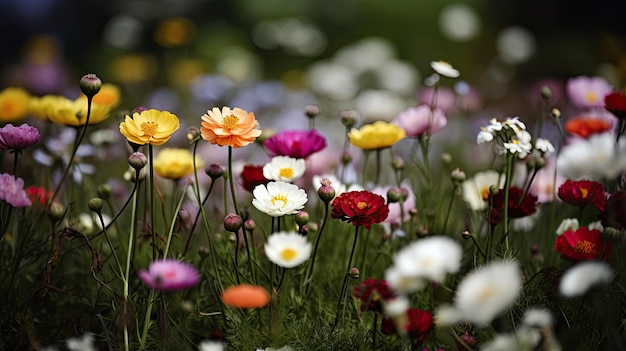 Piękny kolorowy krajobraz pełen kwiatów na nadejście wiosny Generative AI