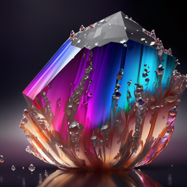 Piękny kolorowy kryształ z kropelami wody na ciemnym tle