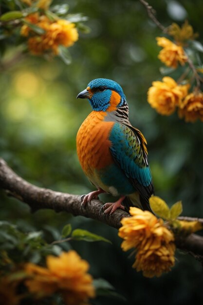 Piękny kolorowy ptak siedzący na gałęzi z liśćmi i kwiatami na naturalnym tle