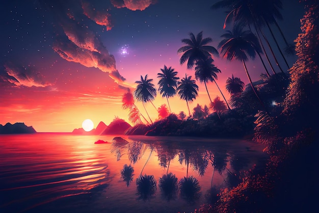 Piękny kolorowy zachód słońca w tle Tropikalna plaża nad oceanem Ilustracja Generatywna sztuczna inteligencja