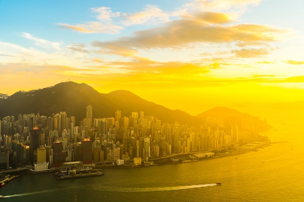 Piękny Kolorowy Zmierzch W Hong Kong Miasta Linii Horyzontu