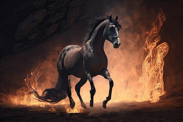 Piękny koń tańczy i spaceruje wokół ognia na ranczo