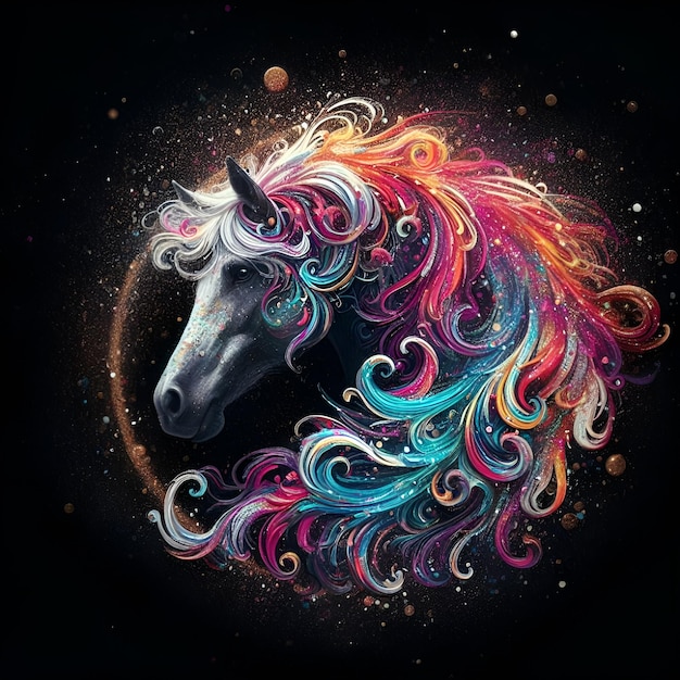 Piękny koń z kolorowym ozdobem na czarnym tle Kolorowy koń fantazji