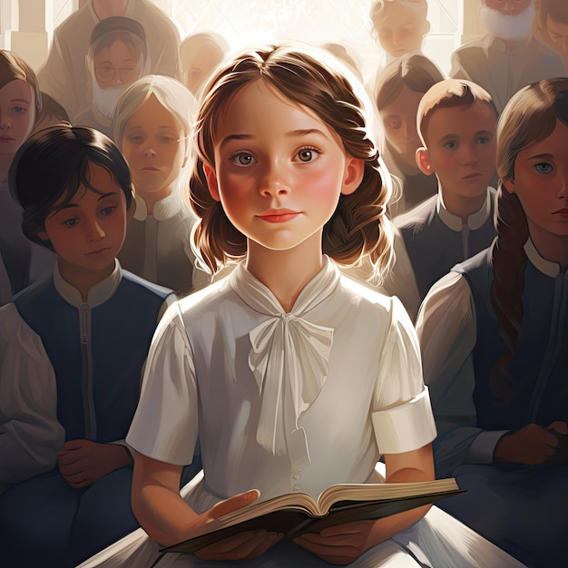 Piękny koncepcyjny sakrament Pierwszej Komunii blog ilustracja redakcyjna dzieci w kościele