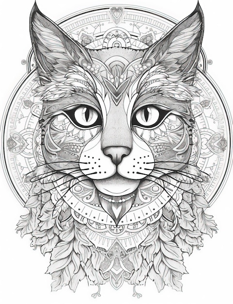Piękny kot ilustracja do kolorowania książki skomplikowane linie atramentu czarno-białe Generative Ai