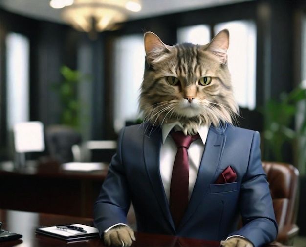 Zdjęcie piękny kot w garniturze w luksusowym biurze.