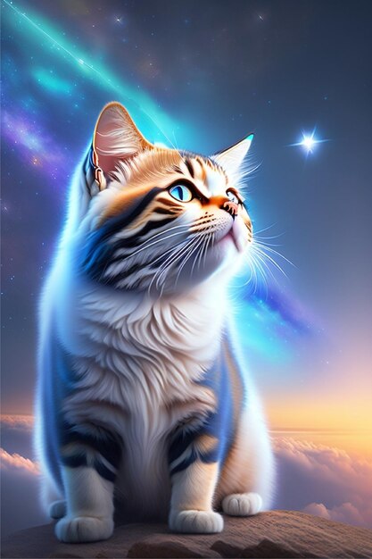 Zdjęcie piękny kot z błękitnym niebem i kosmicznymi światłami
