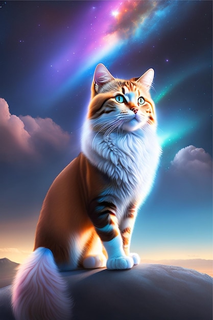 Zdjęcie piękny kot z błękitnym niebem i kosmicznymi światłami