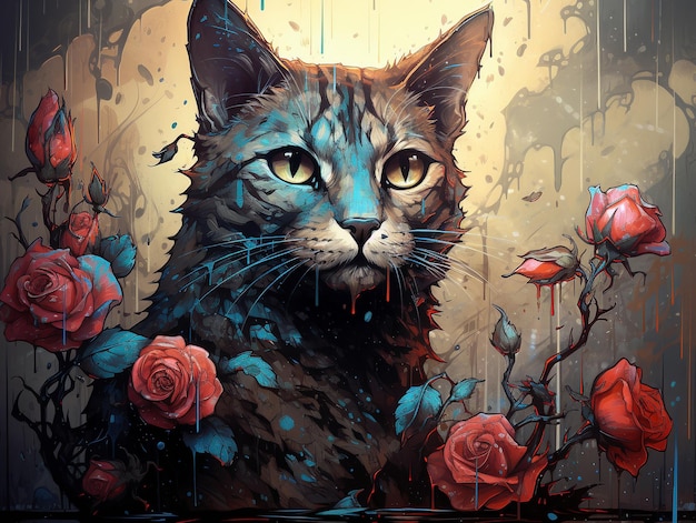 Piękny kot z malowaniem kwiatów