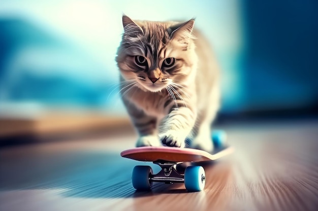 Piękny kot ze skateboardem na drewnianej podłodze Toned Generative AI