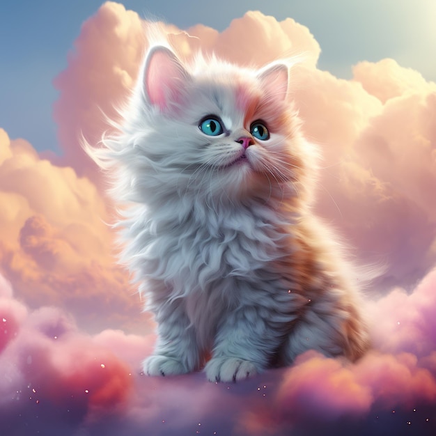 Piękny kotek z kolorowymi chmurami