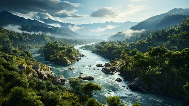 Piękny krajobraz dżunglowego lasu deszczowego z rzeką i mgłą nad drzewami