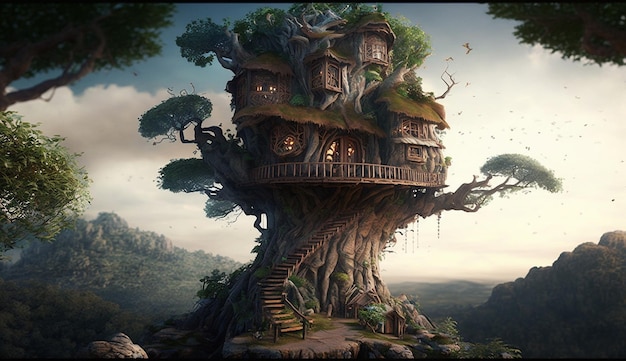 Piękny krajobraz fantasy, kreatywny domek na drzewie, obraz AI Generowany obraz