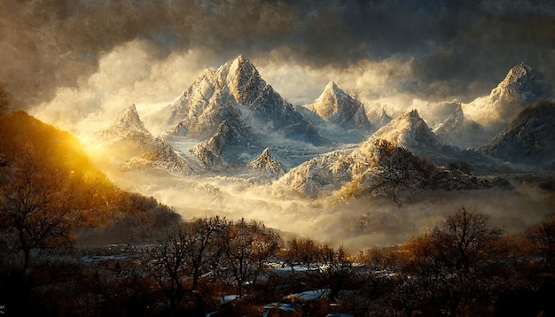 Piękny krajobraz gór z lodem i suchymi sosnami z jesienną koncepcją fantasy Digital Painting Background Illustration