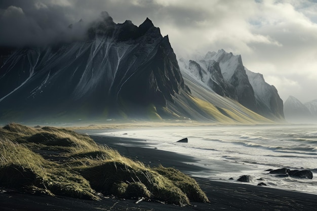 Piękny krajobraz góry Vestrahorn na Islandii Europa Majestatyczna letnia scena przylądka Stokksnes z górą Vestrahorn Batman na tle AI Generated