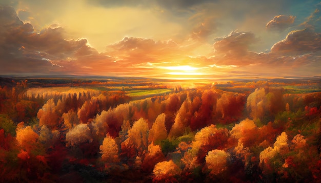 Piękny Krajobraz Jesienny Las O Zachodzie Słońca Pomarańczowe Liście Ręcznie Malowany Obraz