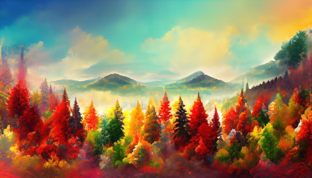 Piękny krajobraz jesienny las podczas zachodu słońca pomarańczowe liście ręcznie malowany obraz