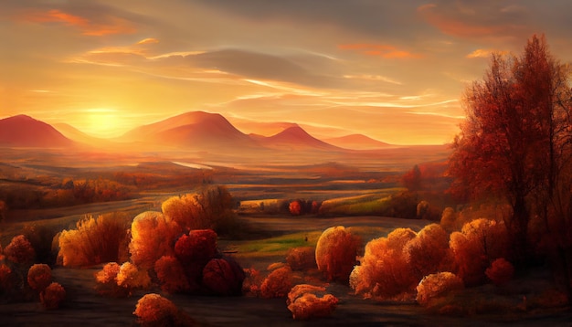 Piękny krajobraz jesienny las pomarańczowe liście ręcznie malowany obraz