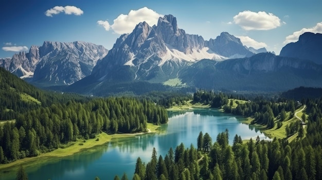Piękny krajobraz jezior górskich w słoneczny dzień Generuj obraz AI