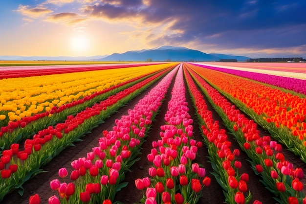 Piękny krajobraz kolorowego pola tulipanów pod pięknym zachodem słońca wykonany za pomocą AI FDGFGCB CX