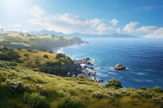 Piękny krajobraz morski z widokiem na morze i góry