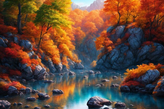 Piękny krajobraz naturalny z malarstwem rzeki Generatywne ilustracje AI